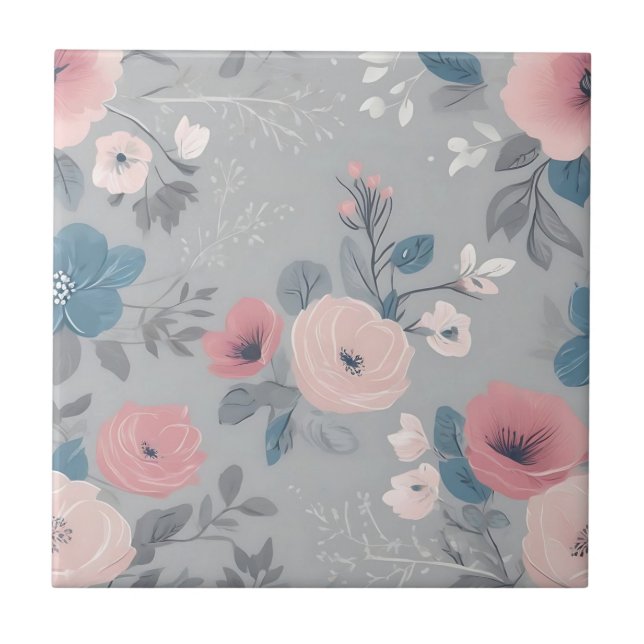 Azulejo Flores azules y rosas de época en gris claro (Frente)