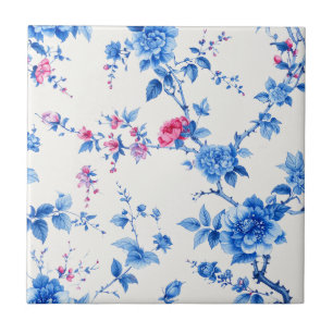 Azulejo Flores Azules Zafiro Vintage sobre Marfil