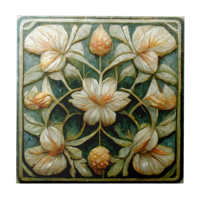 Azulejo Flores blancas de estilo Art Nouveau, fondo azul f (Frente)