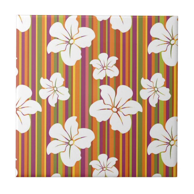 Azulejo Flores blancas en un fondo rayado (Frente)