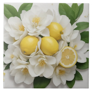 Azulejo Flores blancas, limones y hojas verdes sobre blanc