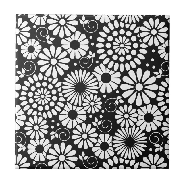 Azulejo Flores blancas negras Retro Tile (Frente)