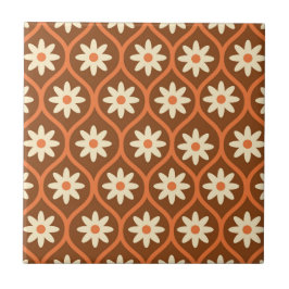 Azulejo Flores blancas retro sobre el naranja marrón vinta