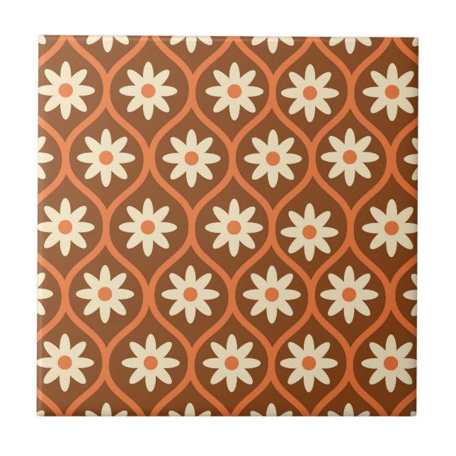 Azulejo Flores blancas retro sobre Ogee Vintage marrón (Frente)