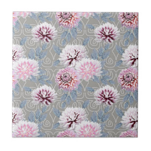 Azulejo Flores blancas, rosadas sobre gris.