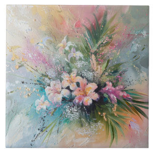 Azulejo Flores blancas rosadas tropicales