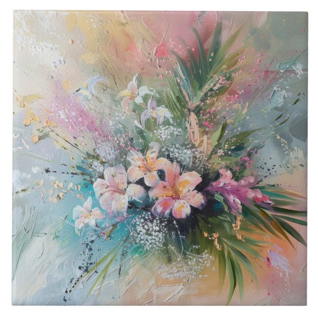 Azulejo Flores blancas rosadas tropicales (Frente)