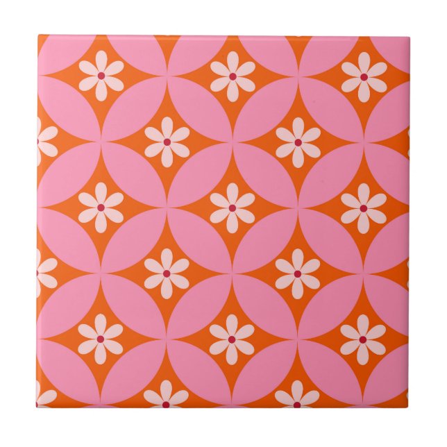 Azulejo Flores blancas sobre patrón de círculos rosados de (Frente)