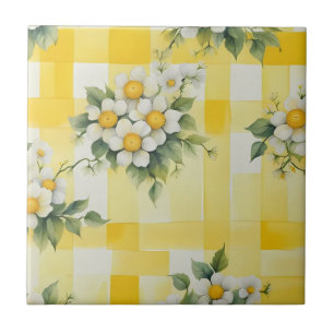 Azulejo Flores Blancas y Amarillas sobre Cuadro de Granja