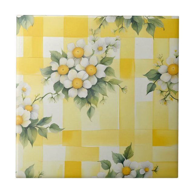 Azulejo Flores Blancas y Amarillas sobre Cuadro de Granja  (Frente)
