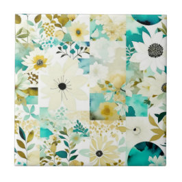 Azulejo Flores blancas y turquesas de arte folclórico boni