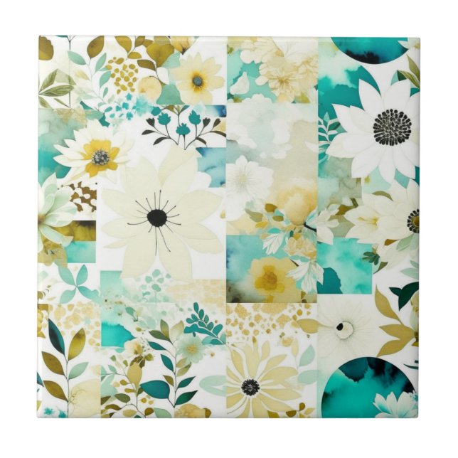 Azulejo Flores blancas y turquesas de arte folclórico boni (Frente)