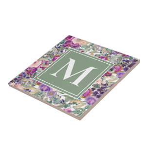 Azulejo Flores Boho de Monograma Verde Salvia Rosa Púrpura