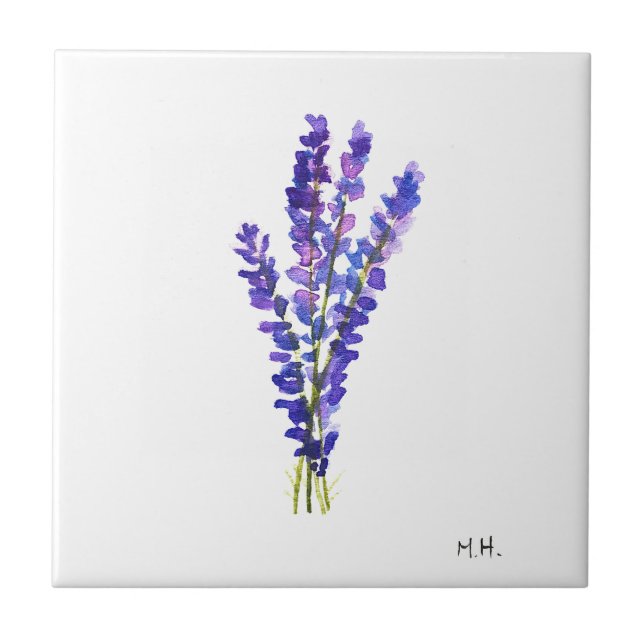Azulejo Flores botánicas de hierba de lavanda acuarela púr (Frente)