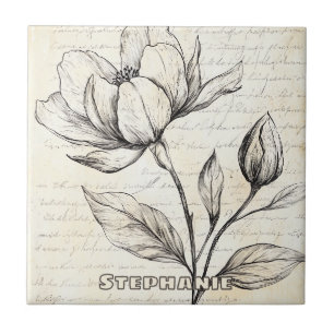 Azulejo Flores Botánicas Sepia Elegantes Escritura Vintage
