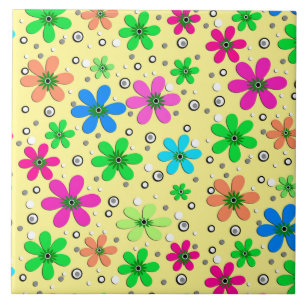 Azulejo Flores chamomiles brillantes multicolores sobre un