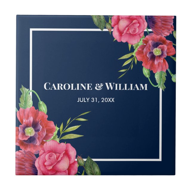 Azulejo Flores color de agua rojo y rosa azul marino de la (Frente)