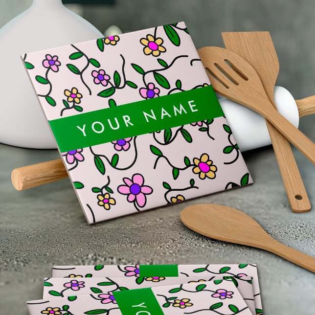 Azulejo Flores Coloridas, Fondo Rosa, Verde (Subido por el creador)