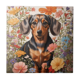 Azulejo Flores Cute Brown Dachshund Y Cosmos