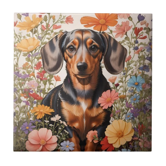 Azulejo Flores Cute Brown Dachshund Y Cosmos (Frente)