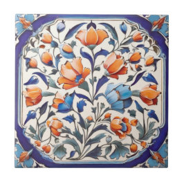 Azulejo Flores de amapola de Naranja floral azul turco