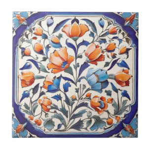Azulejo Flores de amapola de Naranja floral azul turco