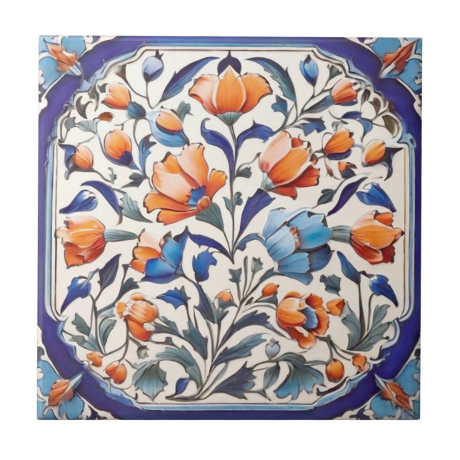 Azulejo Flores de amapola de Naranja floral azul turco (Frente)