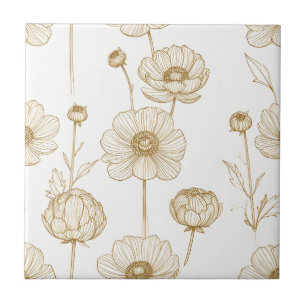 Azulejo Flores de amapola sepia con detalles grabados vint
