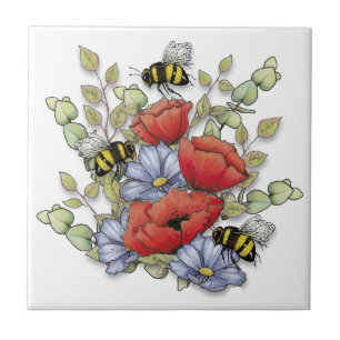 Azulejo Flores de amapola y abejas Dibujo digital, Botánic