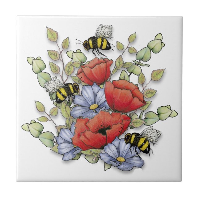 Azulejo Flores de amapola y abejas Dibujo digital, Botánic (Frente)