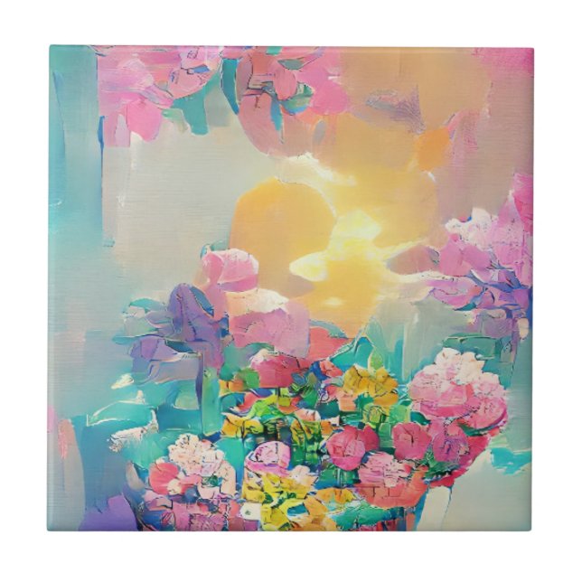 Azulejo Flores de arte digital rosa y amarillo (Frente)