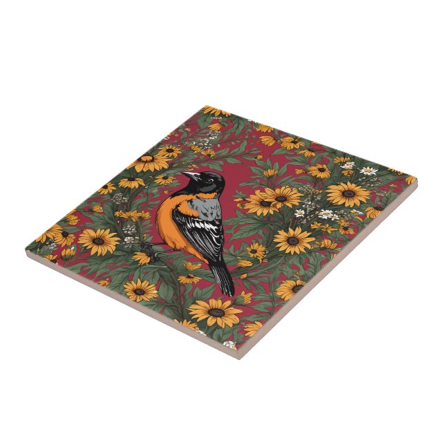 Azulejo Flores De Ave Baltimore Oriole Y Susan De Ojos Neg (Lado)