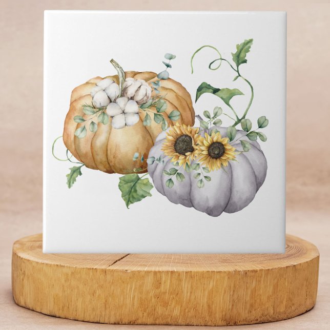 Azulejo Flores de calabaza de otoño y girasoles y algodón (In situ)