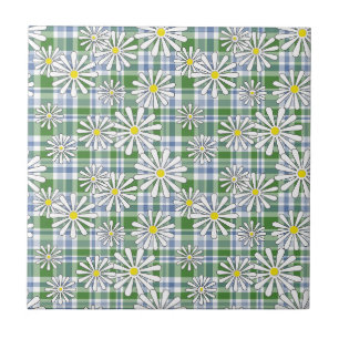 Azulejo Flores de camomila blanca sobre un alicatado azul