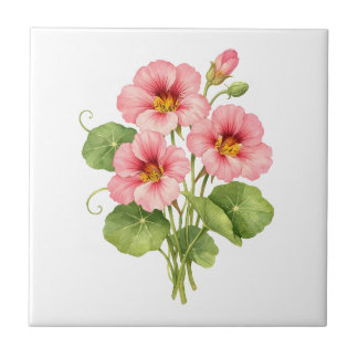 Azulejo Flores de Capuchina Rosa en Acuarela