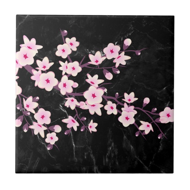 Azulejo Flores de cerezo en flor Marble negro rosado (Frente)