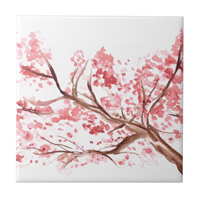 Azulejo Flores de cerezo rosa flor acuarela árbol bonito (Frente)