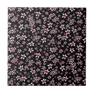 Azulejo Flores de cerezo rosadas sobre negro