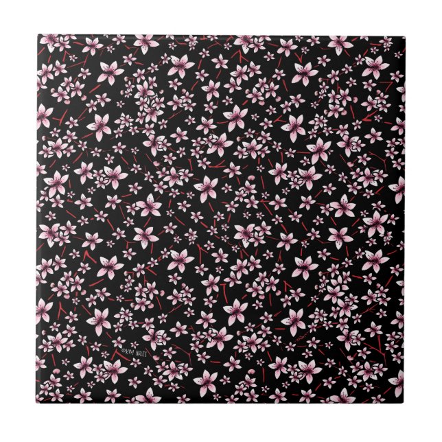 Azulejo Flores de cerezo rosadas sobre negro (Frente)