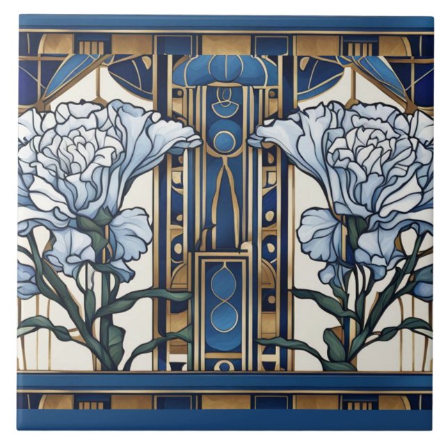 Azulejo Flores de clavel Art Nouveau Floral azul (Frente)