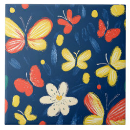 Azulejo Flores de crayón y mariposa