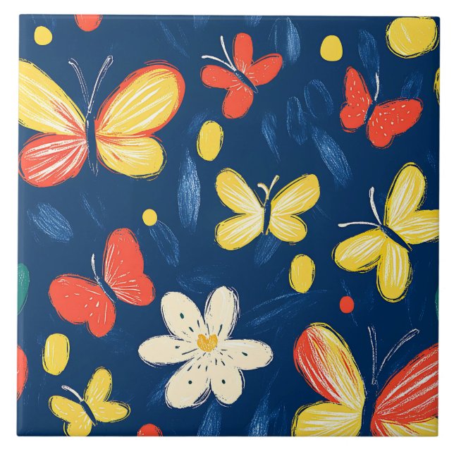Azulejo Flores de crayón y mariposa (Frente)
