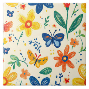 Azulejo Flores de crayón y mariposa