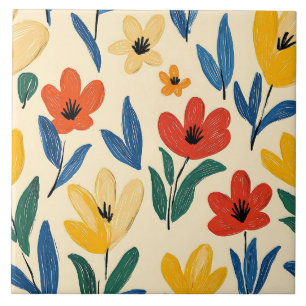 Azulejo Flores de crayón y mariposa