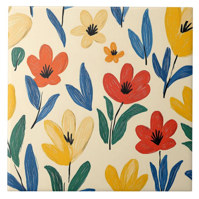 Azulejo Flores de crayón y mariposa (Frente)