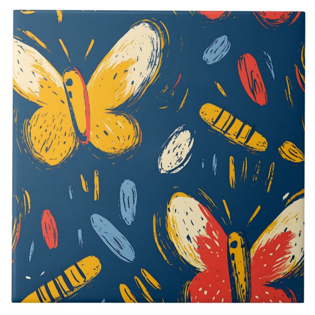 Azulejo Flores de crayón y mariposa (Frente)
