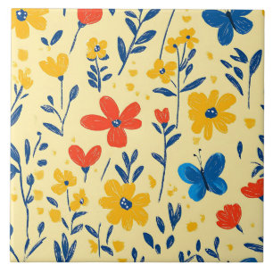 Azulejo Flores de crayón y mariposa