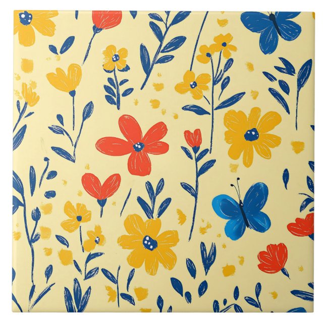 Azulejo Flores de crayón y mariposa (Frente)