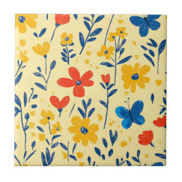 Azulejo Flores de crayón y mariposa