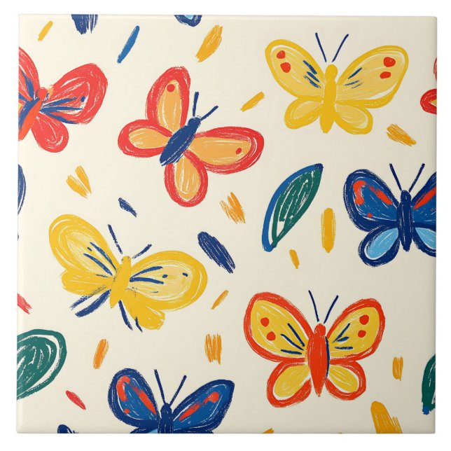 Azulejo Flores de crayón y mariposa (Frente)